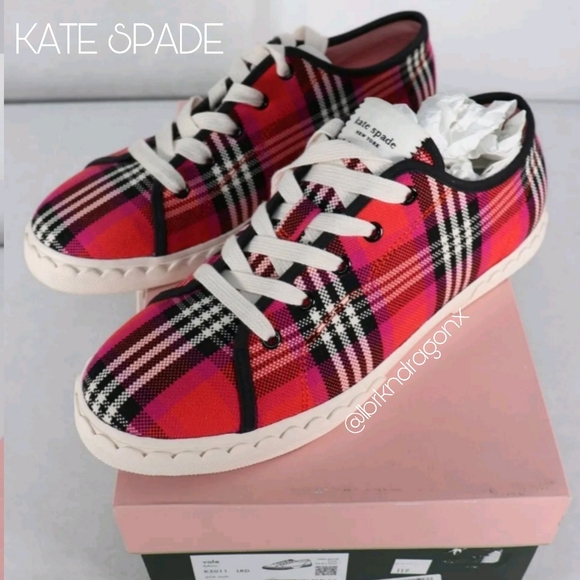 NWT Kate Spade Sneakers Plaid z sister Kicks Lace Up Red Sneaker - Picture 2 of 15